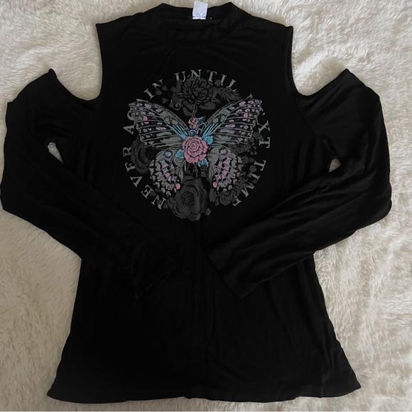 VENUS Tops - Venus Black Graphic Cold Shouldered Mock Neck Top